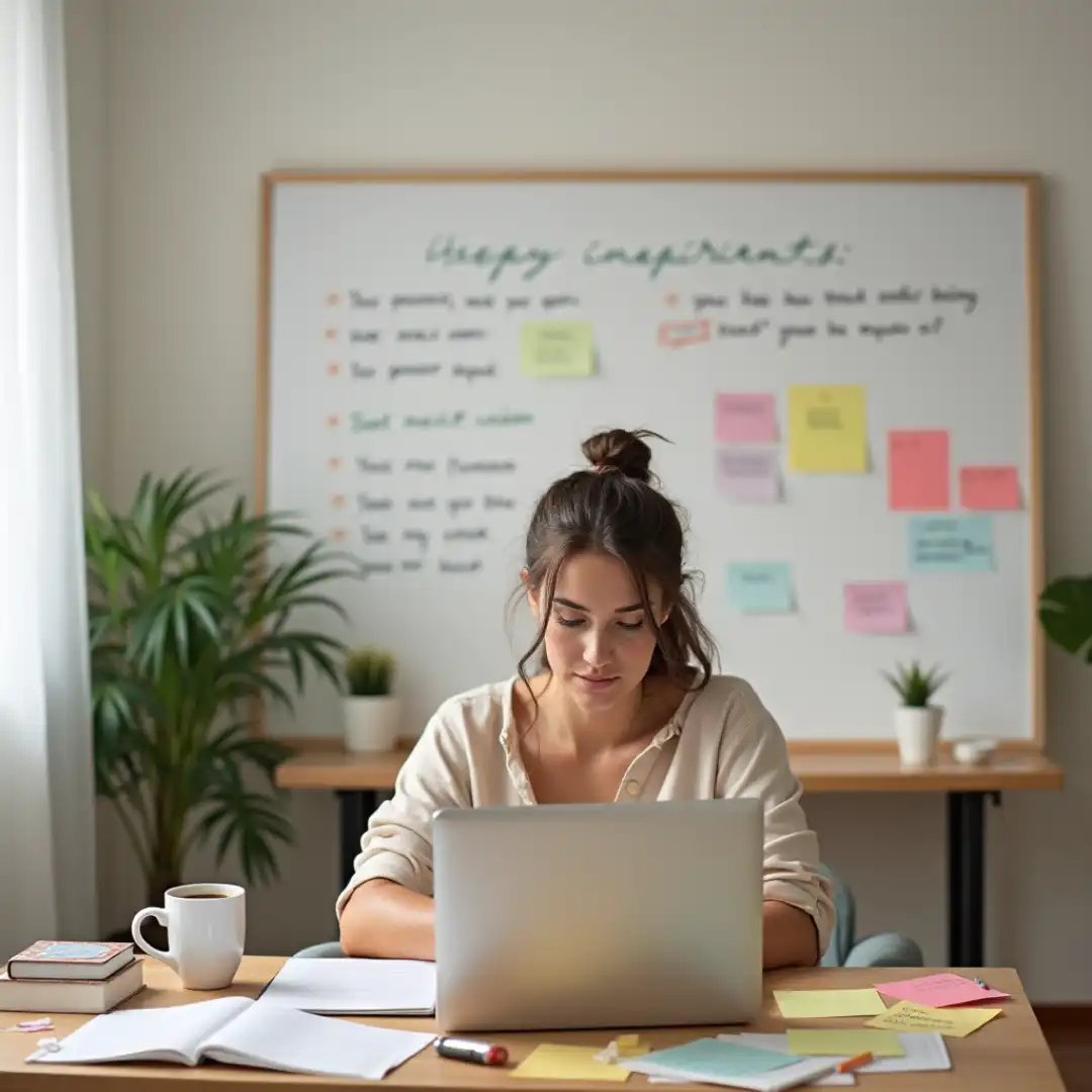 Estrategias para mantener la motivacion A person overcoming obstacles like stress and distractions in a vibrant office setting