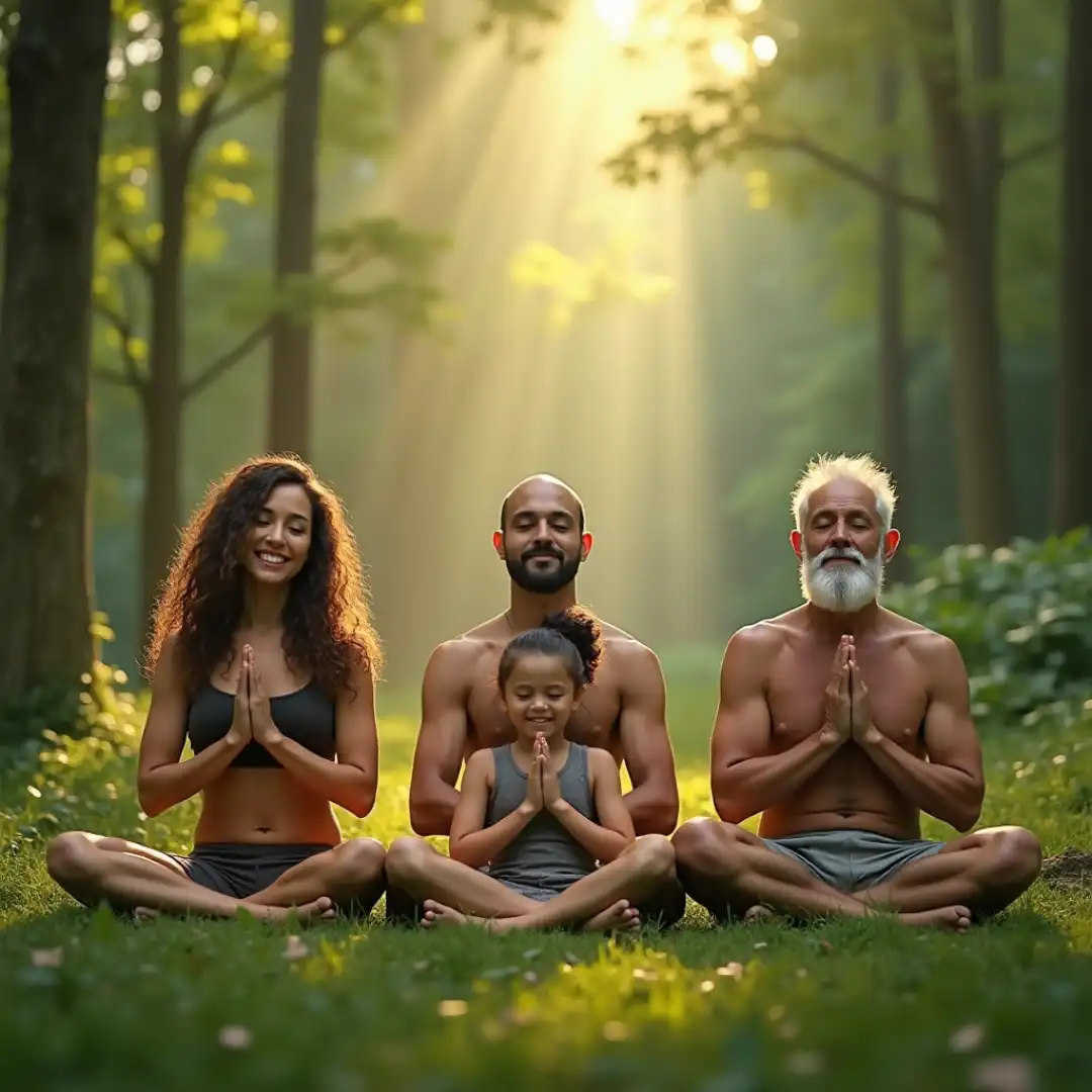 Meditando para mantener la mente fuerte y seguir motivado. A serene setting with individuals practicing meditation and enjoying healthy meals
